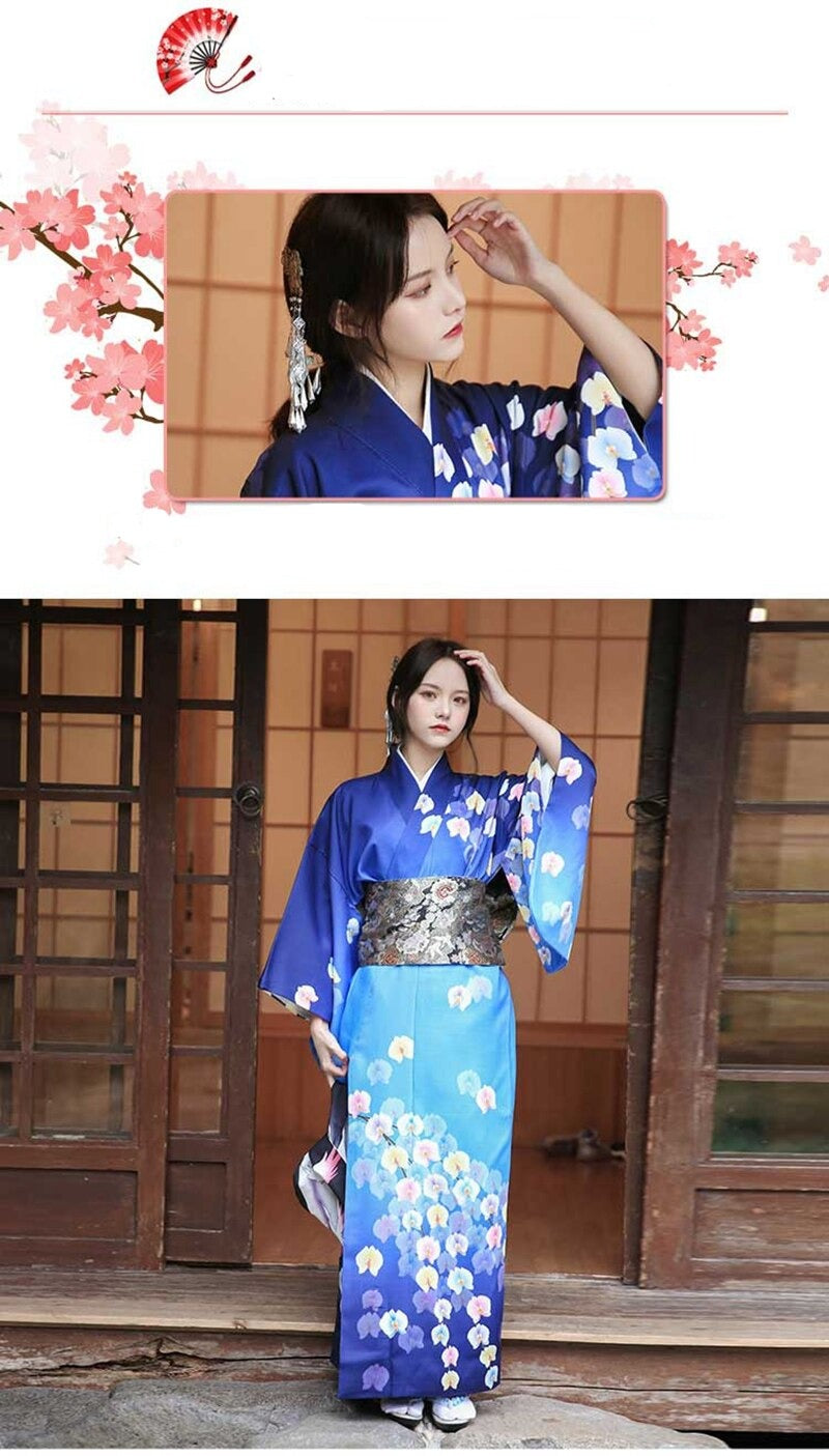Kimono Femme Traditionnel Bleu & Fleuri-Unique
