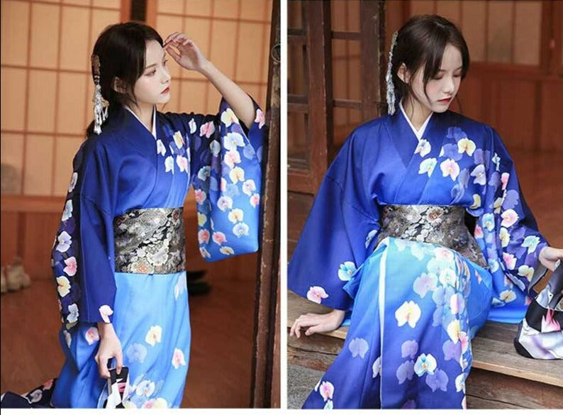 Kimono Femme Traditionnel Bleu-Fleuri-