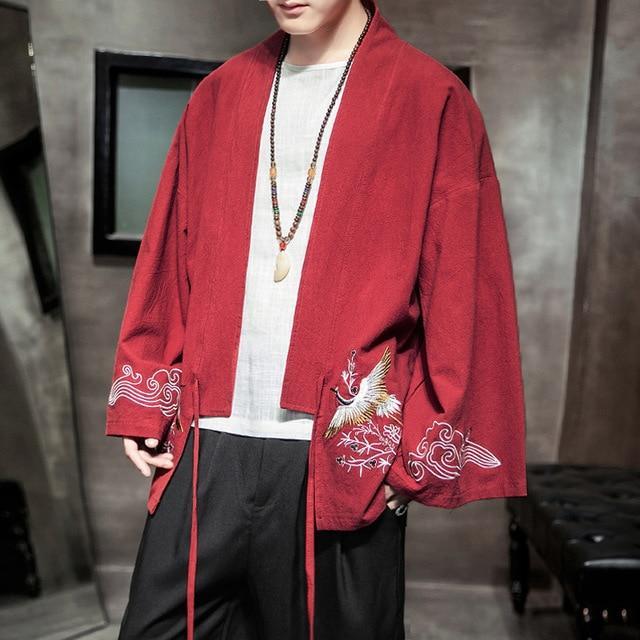Cardigan Kimono Coton Homme Large-Rouge-M-