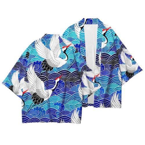 Haori Kimono Motif Grue Mer-Bleu-XXS-