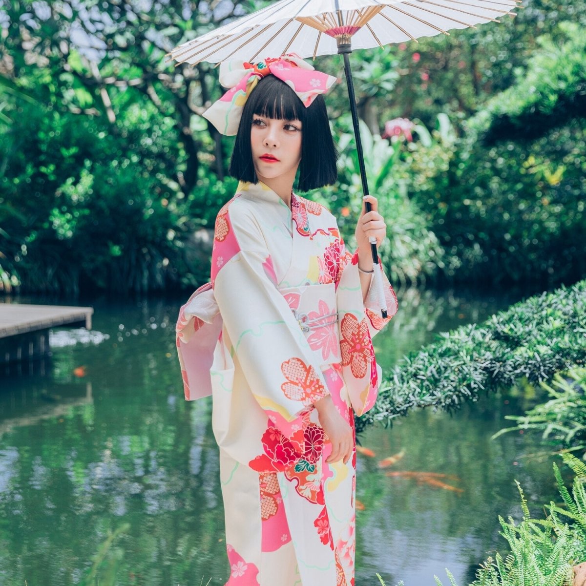 Kimono Blanc Fleuri Femme-