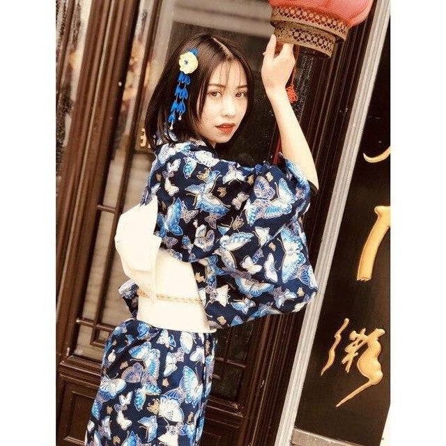 Kimono Femme Long Pas Cher-Bleu-S-