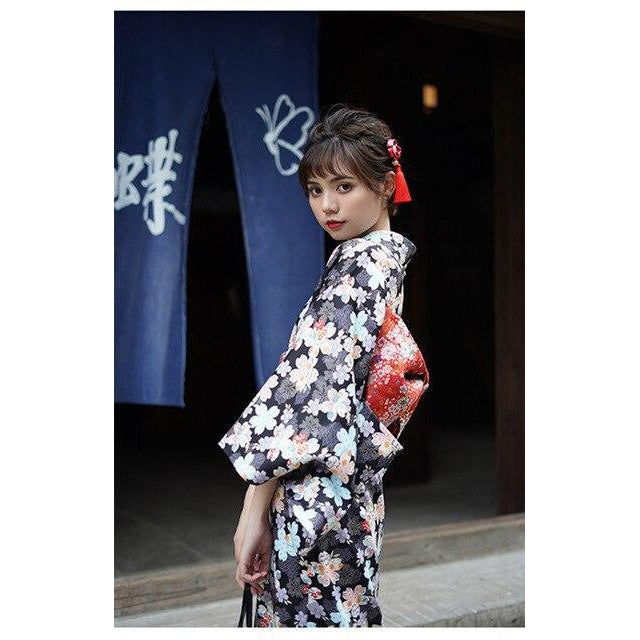 Kimono Femme Traditionnel Noir & Fleuri-S-