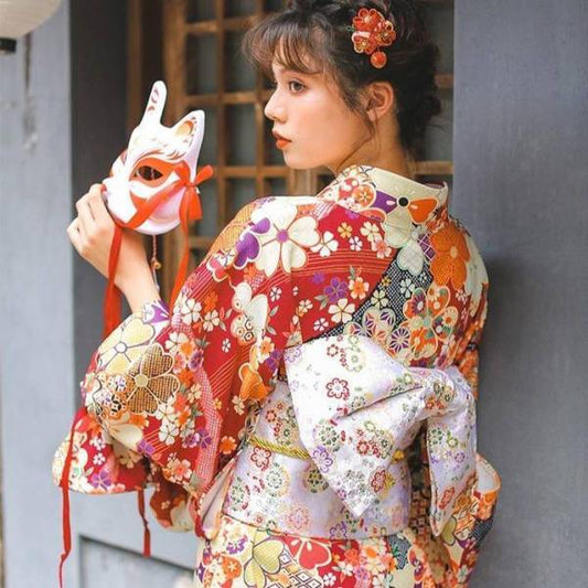 Kimono Femme Traditionnel Rouge & Fleuri-