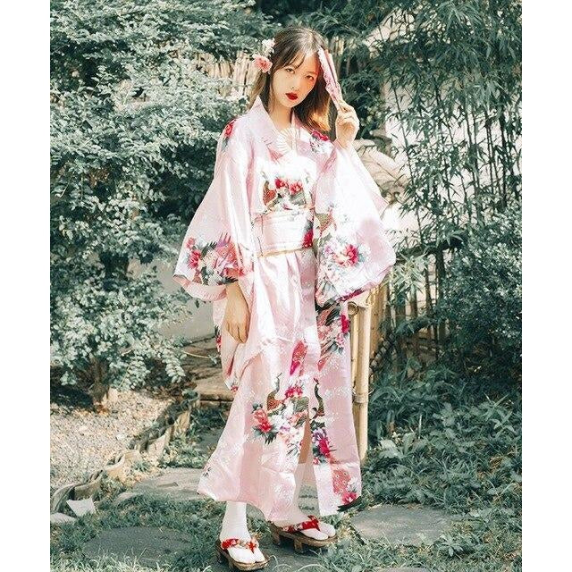 Kimono Japonais Femme Traditionnel - Pinku-Rose-M-