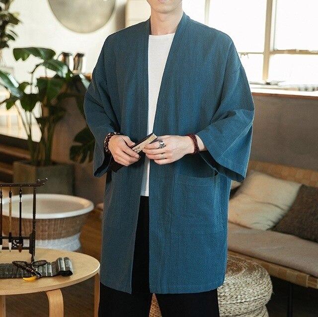 Veste Kimono Homme Manches Longues-Bleu-M-